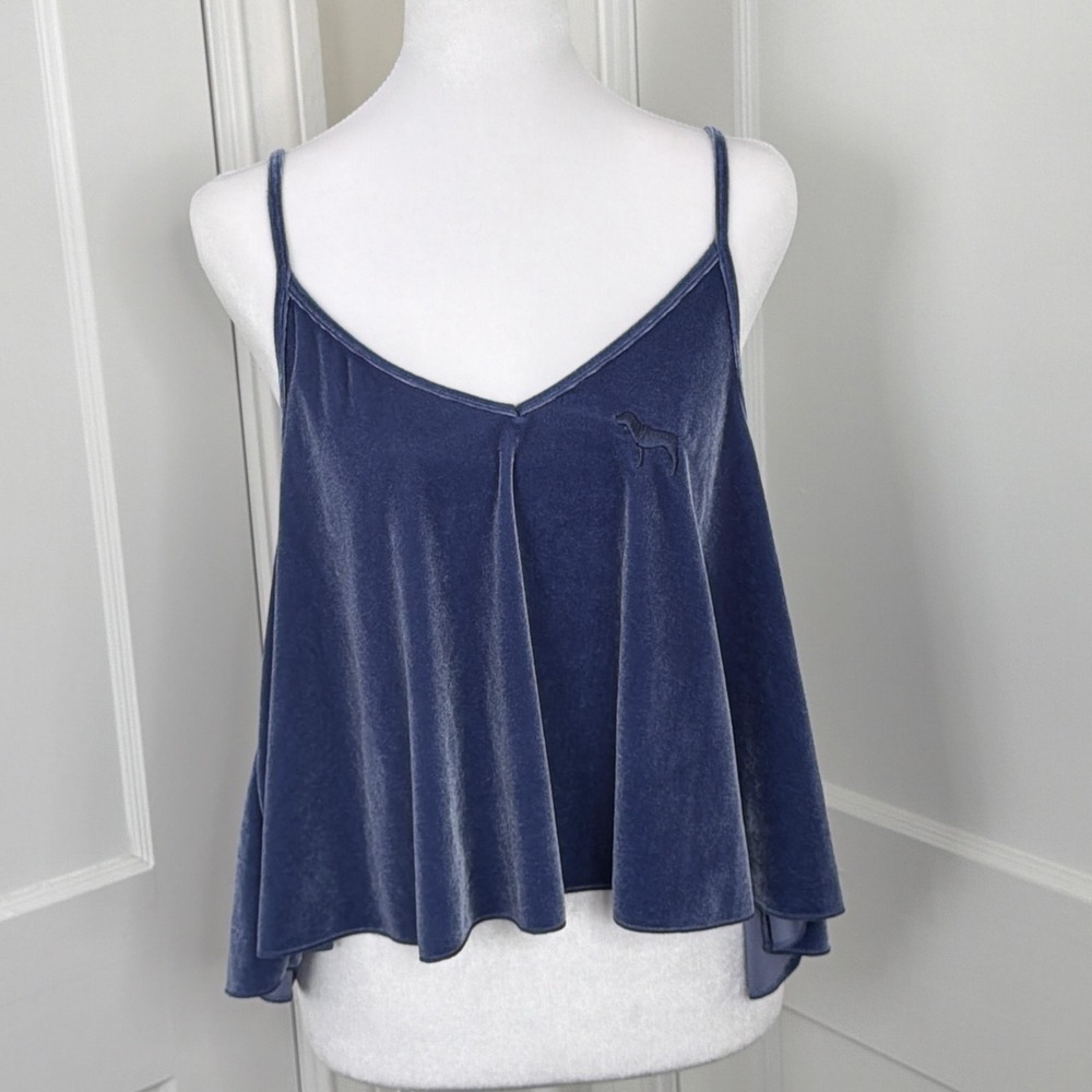 Pink Victorias Secret Top Y2K Blue Velvet Velour Cami Cropped Flowy - Large